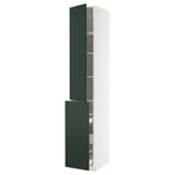 A tall white cabinet with dark green doors and shelves. The design is modern and functional, suited for a kitchen or storage area.