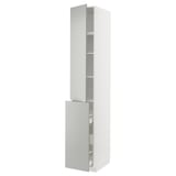 A white METOD kitchen cabinet with light grey havstorp fronts, a modern and clean design. It has two sections with shelves inside.