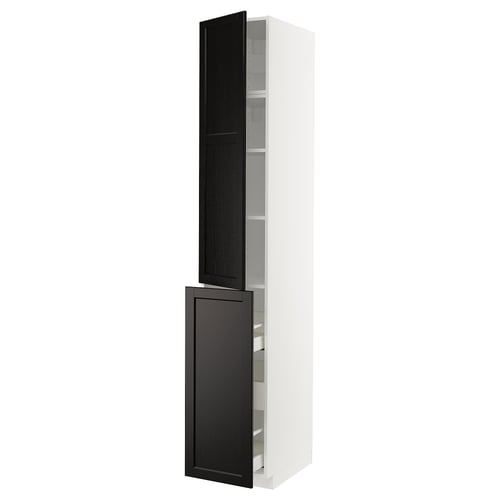 METOD kitchen cabinet: tall white storage unit with dark stained wood doors, bevelled edges, and adjustable shelves.