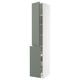 METOD kitchen cabinet. Tall, white with greenish-gray doors. Modern, sleek design with drawers and shelves.