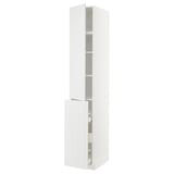 A white METOD kitchen cabinet with two open doors revealing shelves inside.