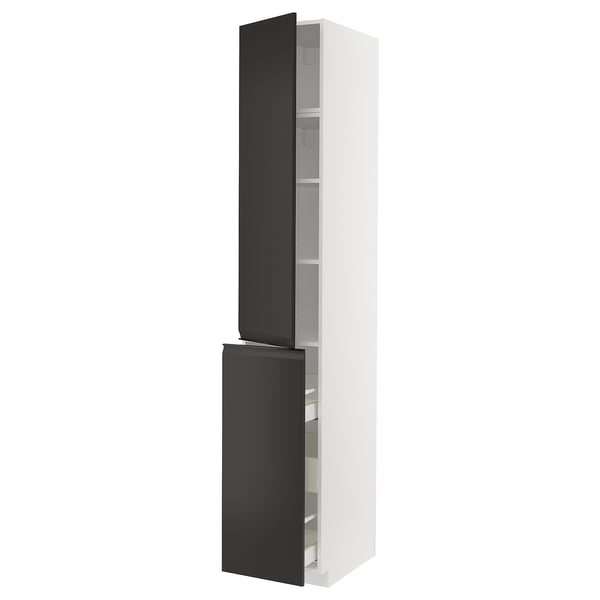A tall, modern storage cabinet in white with dark gray doors and a sleek handle, part of the METOD kitchen system.