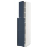 Blue and white tall kitchen cabinet, modern design, two doors, white background.