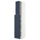 Blue and white tall kitchen cabinet, modern design, two doors, white background.
