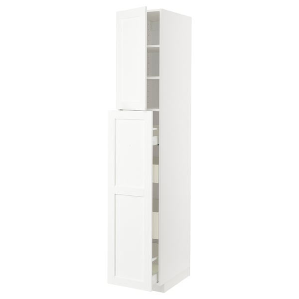 A white METOD tall kitchen storage unit with multiple shelves. Its sleek, modern, and offers plenty of storage space.