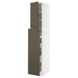 Modern tall kitchen cabinet with dark brown doors, white frame, and multiple shelves.