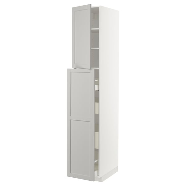 A white METOD kitchen cabinet with a traditional design, featuring a tall unit with two doors and internal shelves.