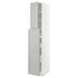 A white METOD kitchen cabinet with a traditional design, featuring a tall unit with two doors and internal shelves.