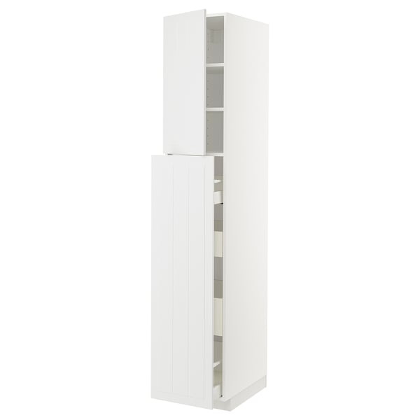 White METOD kitchen cabinet with shelves and drawers.