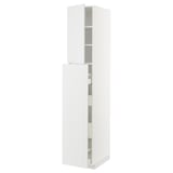 White METOD kitchen cabinet with shelves and drawers.