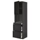 Modern black wooden kitchen cabinet with three drawers and open shelves.