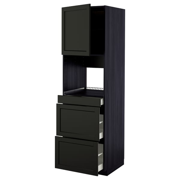 METOD / MAXIMERA Hi cab f micro combi w door/3 drwrs, black/Lerhyttan black stained, 60x60x200 cm