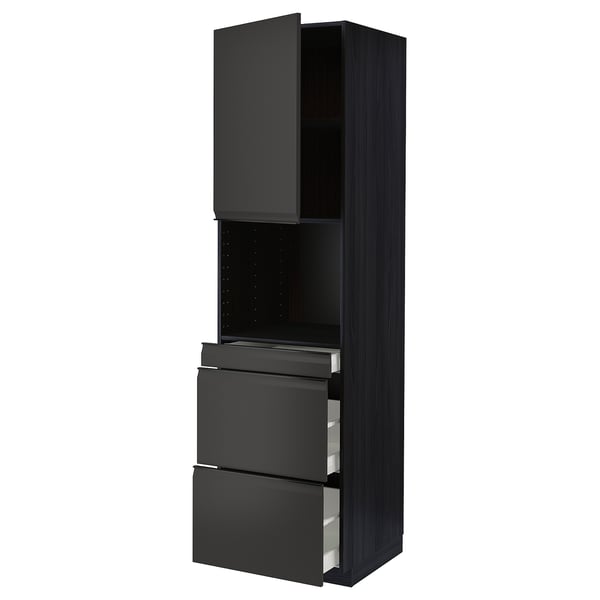 METOD kitchen unit, matte black, modern, rectangular, with three drawers and open shelf at top.