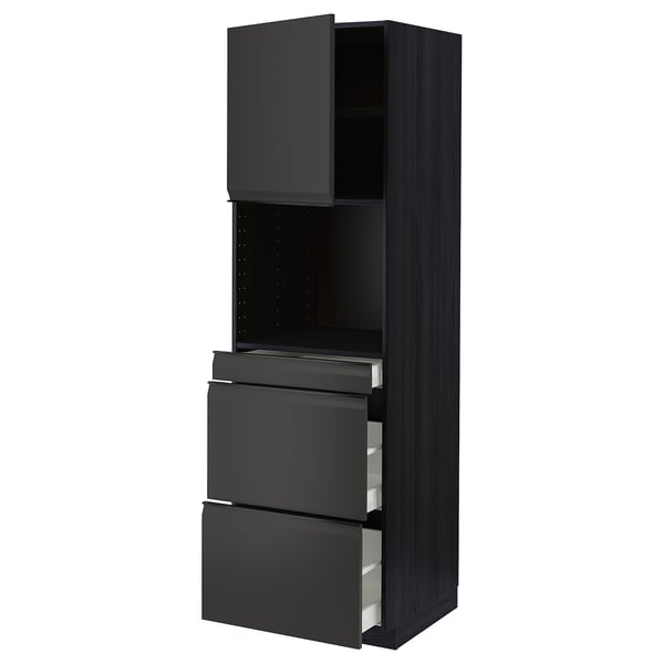 Modern black kitchen unit with three drawers and an open shelf, sleek design.