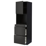 Modern black kitchen unit with three drawers and an open shelf, sleek design.