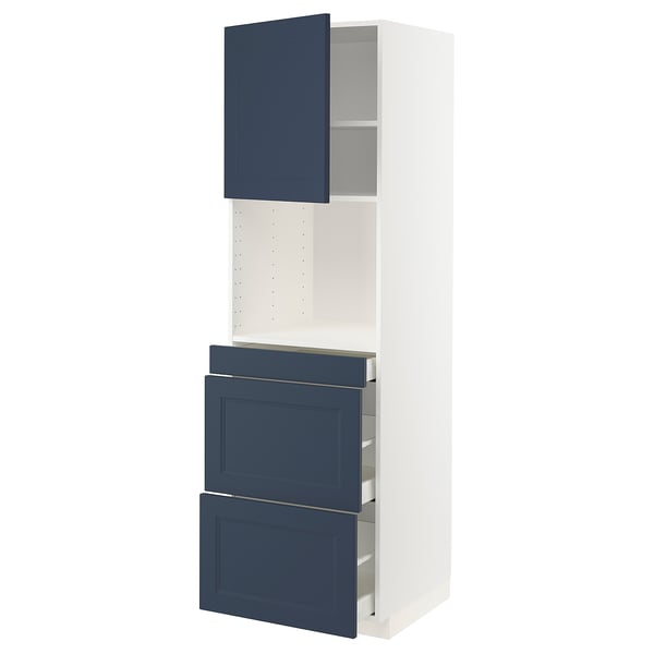 A METOD kitchen unit with blue axstad doors and drawers, featuring a modern design. Its white with a tall cabinet, three drawers, and open shelving.