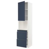 Blue and white kitchen cabinet set. Tall unit with shelves and drawers for storage.