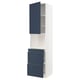 Blue and white kitchen cabinet set. Tall unit with shelves and drawers for storage.