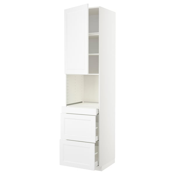A white METOD kitchen cabinet with drawers and shelves, modern minimalist design.