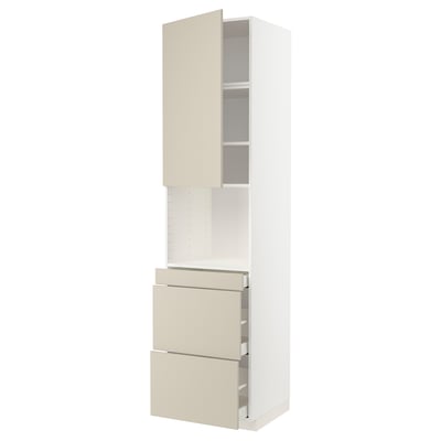 A tall, white METOD kitchen cabinet with beige drawers and a smooth finish. It multiple shelves and drawers for storage.