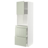 A METOD kitchen cabinet in green with multiple drawers and a top cupboard. Its white with green accents, rectangular, and smooth, modern design lines.