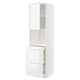 A white METOD kitchen cabinet with high-gloss, handleless drawers and doors. It a tall, rectangular shape with multiple storage compartments.