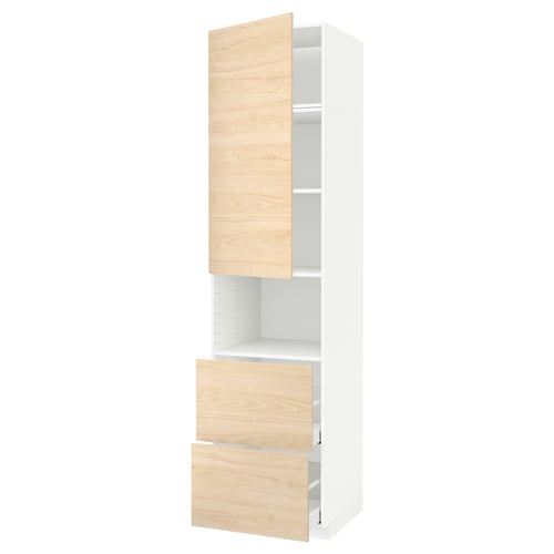 Ikea METOD kitchen tall unit - white with light ash wood drawers & top storage.