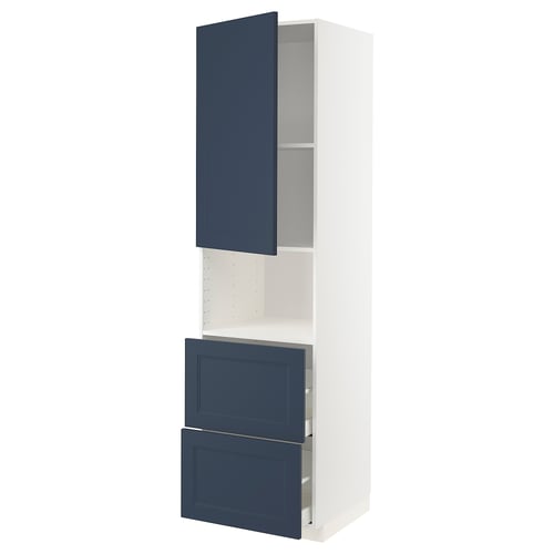 A blue and white tall kitchen cabinet with two drawers and an open shelf top.