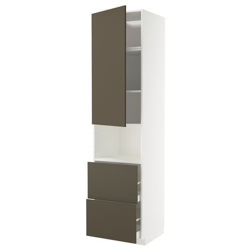 A METOD kitchen unit with dark brown havstorp fronts, featuring a tall cabinet with open compartments and drawers.