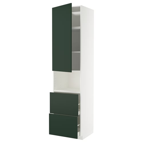 A white METOD kitchen cabinet set with green drawers and doors, featuring a sleek modern design.