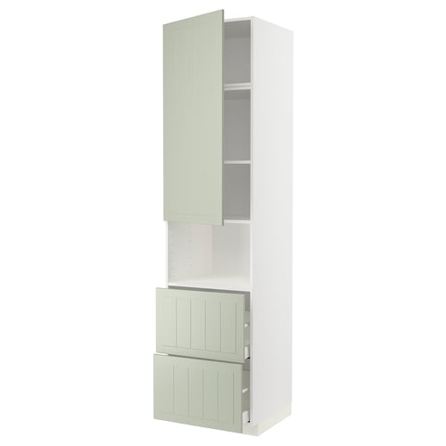 High METOD kitchen cabinet in green with pale wood effect. Tall, rectangular, and partially open, revealing adjustable shelves. Sturdy, modern design.