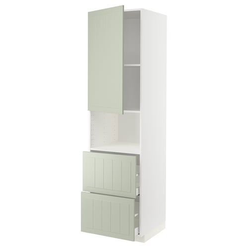 Green METOD kitchen cabinet with open door, empty shelf, and two drawers below.