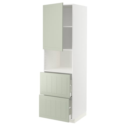 An ikea METOD kitchen cabinet in light green with a white frame and two drawers, featuring a modern and crafted design.