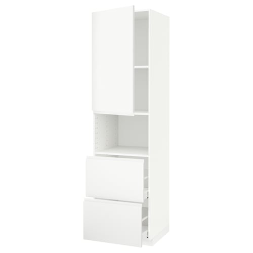 A white METOD kitchen cabinet with matte finish, featuring multiple storage compartments, including a drawer and an open shelf.
