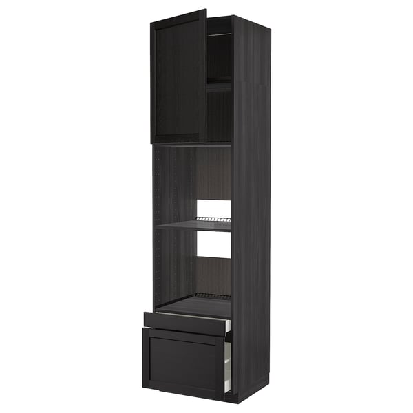 METOD kitchen unit in dark wood with open sections and pull-out drawer, sleek and modern design.
