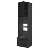 METOD kitchen unit in dark wood with open sections and pull-out drawer, sleek and modern design.