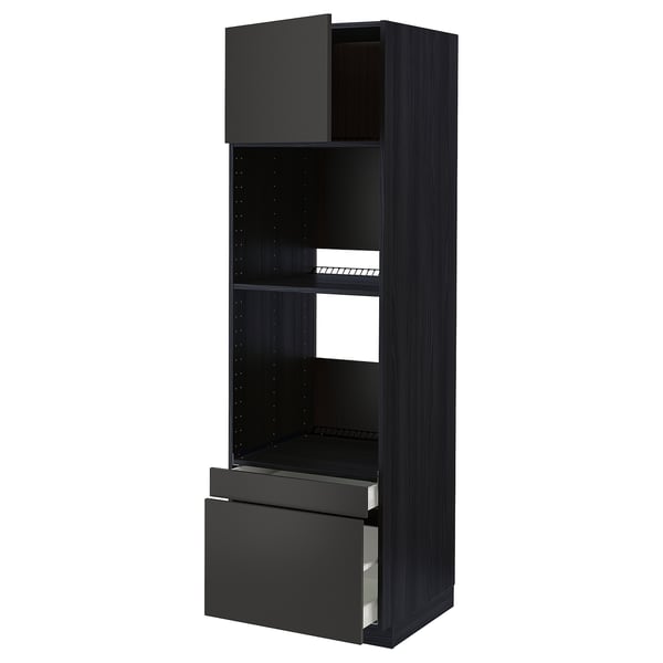 Black METOD kitchen unit, modern design, open shelves, two drawers, stylish, sturdy.