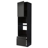 METOD black kitchen unit; tall, slim, modern design with open shelves and drawers.