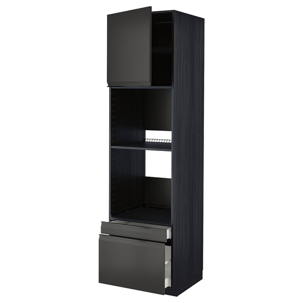 A black METOD kitchen unit with open shelves and drawers, sleek modern design.