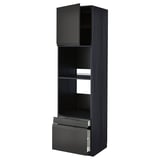A black METOD kitchen unit with open shelves and drawers, sleek modern design.