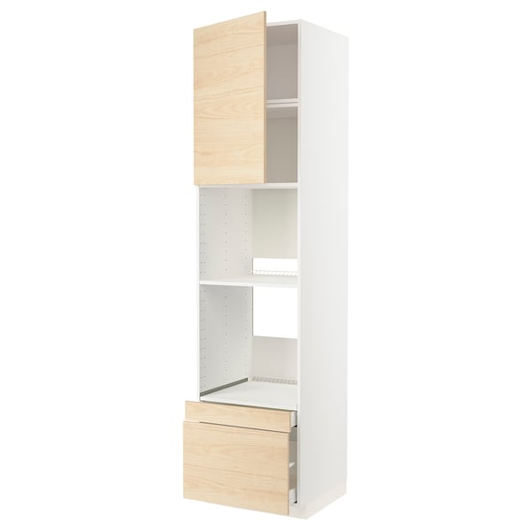 A white and light ash wood METOD kitchen cabinet with open shelves and drawers, showcasing a sleek and modern design.