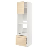 A white METOD kitchen unit with light ash wooden doors and drawers, featuring a tall cabinet, shelves, and drawers with soft-close mechanisms.