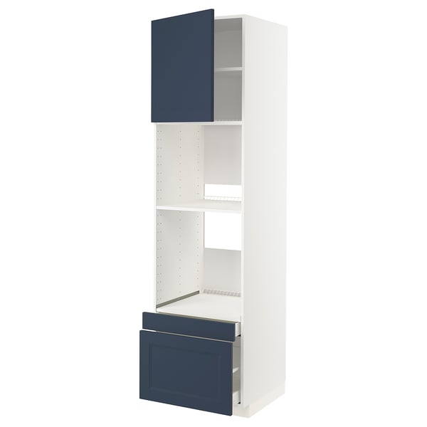 Modern white kitchen unit with blue drawers and doors, adjustable shelves, and sleek design.