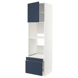 Modern white kitchen unit with blue drawers and doors, adjustable shelves, and sleek design.