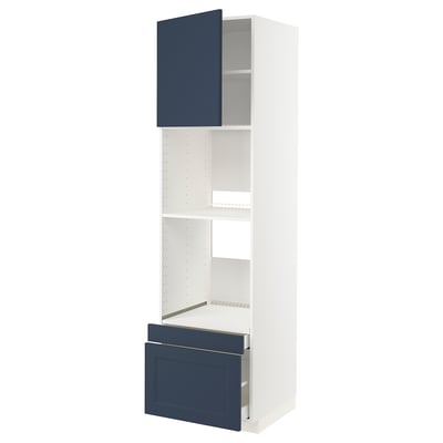 Modern white kitchen unit with blue drawers and doors, adjustable shelves, and sleek design.