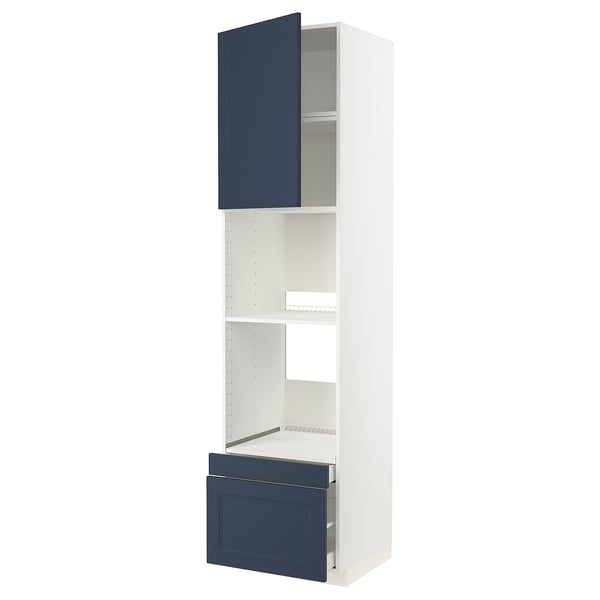 White and blue METOD kitchen cabinet with drawers and shelves.
