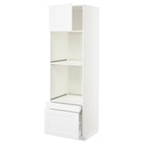 A white METOD kitchen cabinet set, featuring a tall unit with a drawer and adjustable shelves.