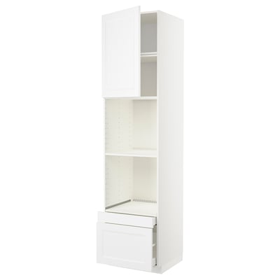 An ikea METOD kitchen cabinet in white with open shelves and a drawer.