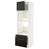 White tall kitchen cabinet with black drawer and door, adjustable shelves, sleek modern design.