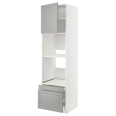 A white METOD kitchen cabinet with a grey soft-close drawer and adjustable shelves.